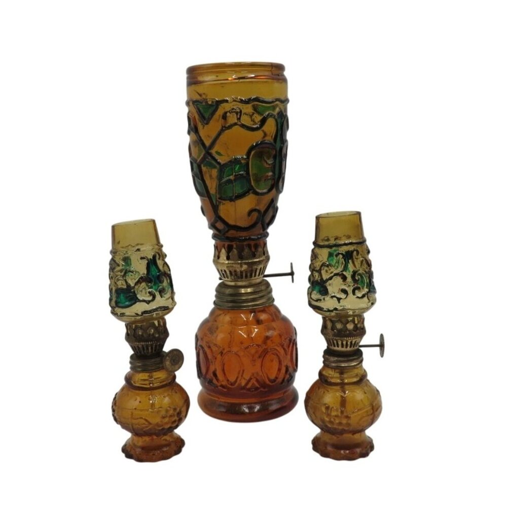 Amber Glass Miniature Oil Lamp Set Hand-Painted Detailing Vintage